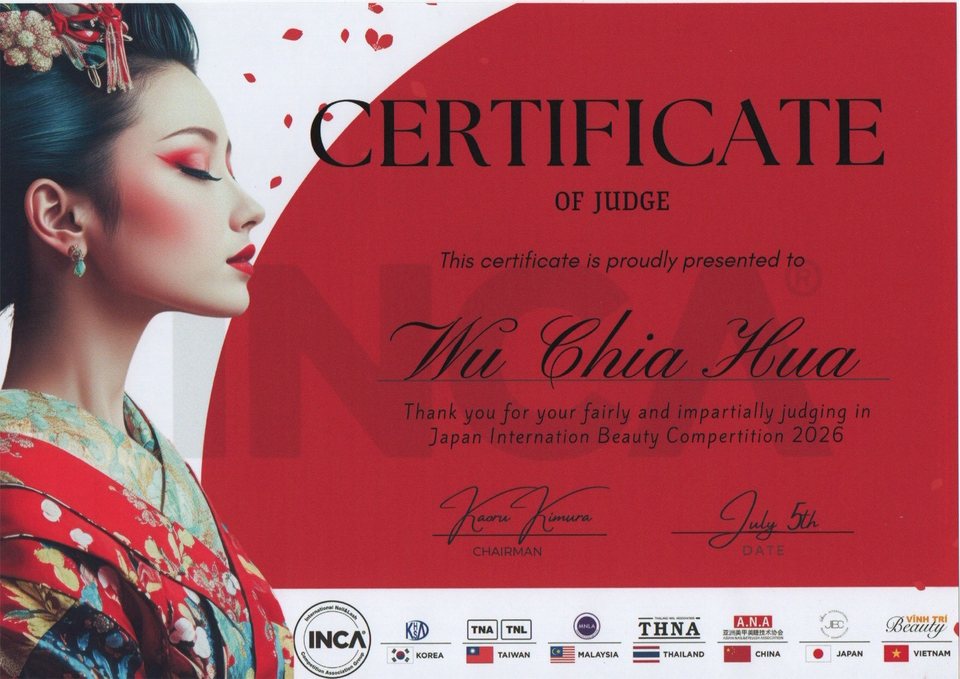 Certificate of judge, Japan International Beauty Competition 2026, 5 July.