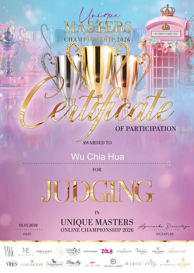 Certificate of participation for judging, Unique Masters Online Championship 2026, 1 July 2026.